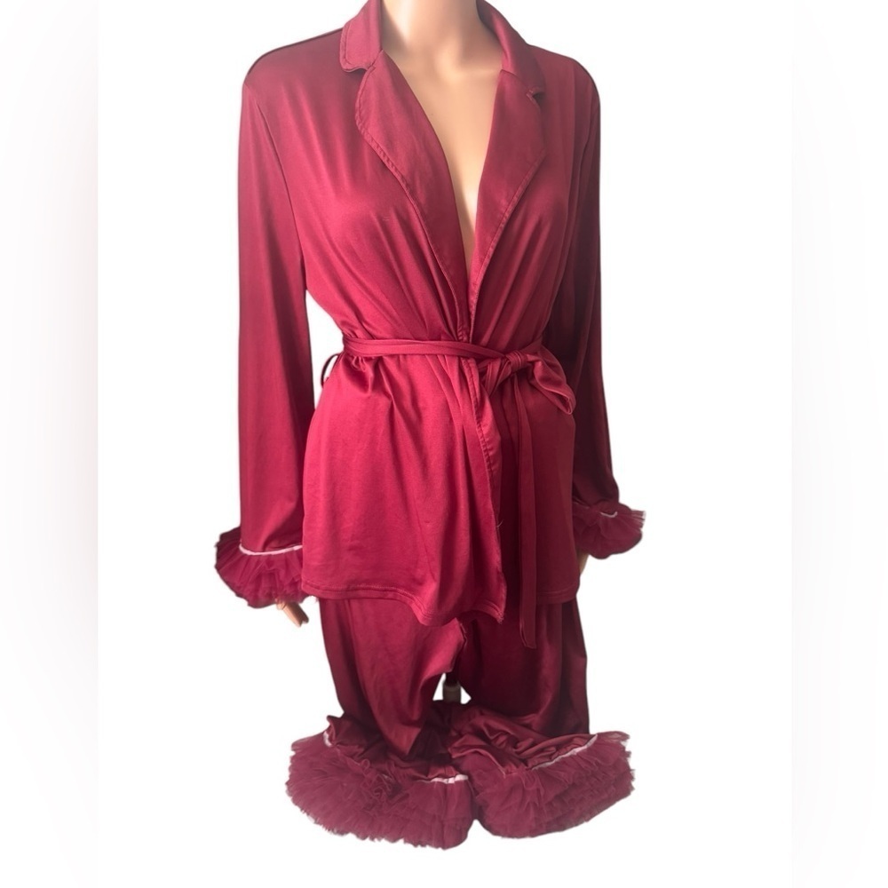 Vintage Valentines Day Red Tulle Full Set Pajamas With Waist Tie